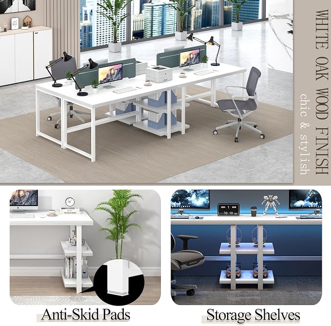 EXCEFUR White Computer Desk, Modern Home Office Desk with Storage Shelf, Wood and Metal Writing Study Table for Living Room Bedroom, 53 Inch