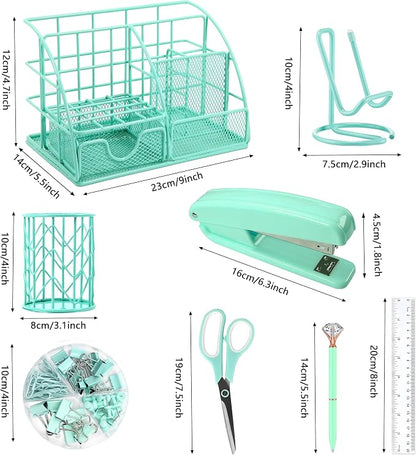 KAAKOW Green Desk Organizers and Accessories Office Supplies Set Stapler, Pen Holder, Phone Holder, Scissors, Pen, Ruler, 30 Paper Clips, 22 Binder Clip, 20 Tacks and 1000pcs Staples