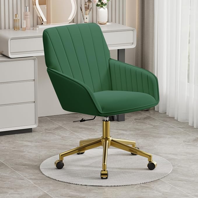 YISHENG Velvet Office Desk Chair with Gold Base, with Wheels,Modern Height Adjustable 360 Degree Swivel Upholstered Vanity Chairs with Arms for Living Room Bedroom,Green