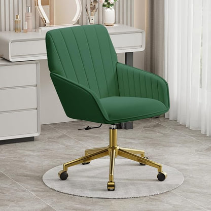 YISHENG Velvet Office Desk Chair with Gold Base, with Wheels,Modern Height Adjustable 360 Degree Swivel Upholstered Vanity Chairs with Arms for Living Room Bedroom,Green