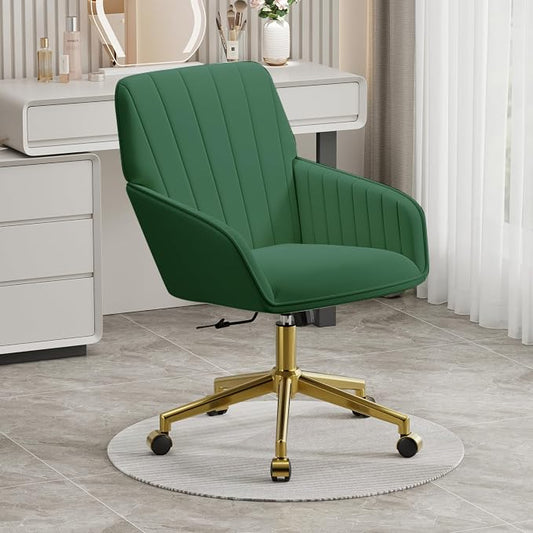 YISHENG Velvet Office Desk Chair with Gold Base, with Wheels,Modern Height Adjustable 360 Degree Swivel Upholstered Vanity Chairs with Arms for Living Room Bedroom,Green