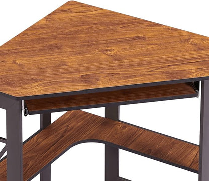 VECELO Corner Desk Computer Desk Writing Table with Smooth Keyboard Tray & Storage Shelves,Compact Home Office Triangle Table,Teak