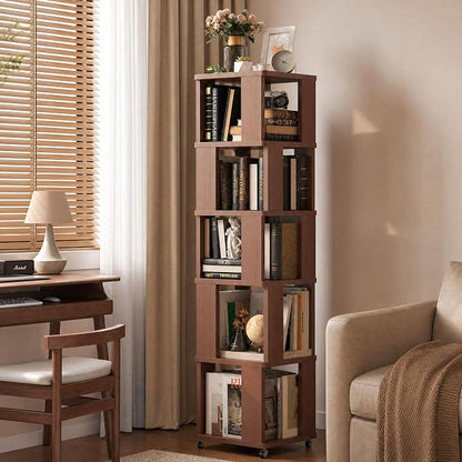 5 Tier Solid Wood Rotating Bookshelf Tower on Wheels, 360° Upgrade Spinning Book Shelf, Revolving Bookcase Organizer, Swivel Bookshelves for Small Spaces, Corner, Bedroom, Kids Room, Office (Brown)