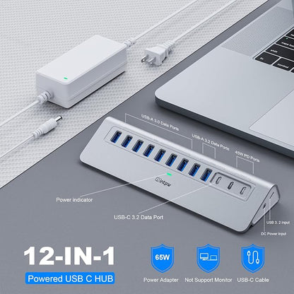 Powered USB Hub 10Gbps, intpw 12 Port USB C Hub with USB C 3.2+2 USB A 3.2, 7 USB 3.0, 2 PD 45W Charging Port, 65W Power Adapter + 3.3FT Cable, Aluminum USB Hub for PC/Laptop/iPhone 17/16/PC