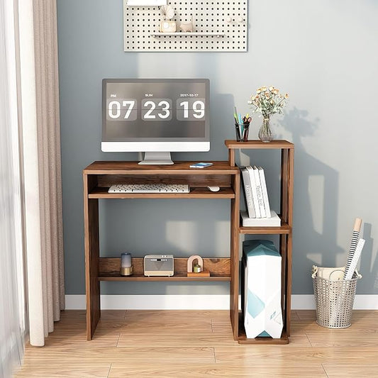 35" Compact Computer Desk with 3-Tier Storage Shelves & Keyboard Tray – Small Study Table for Bedroom or Home Office (Brown)