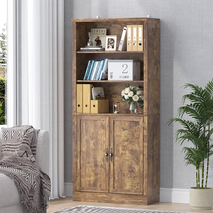 Thacuok 72'' Tall Bookcase with Doors, Adjustable Shelves, P2 MDF Construction, 32'' Wide Freestanding Cabinet with Metal Handles, Hidden Storage for Living Room, Bedroom