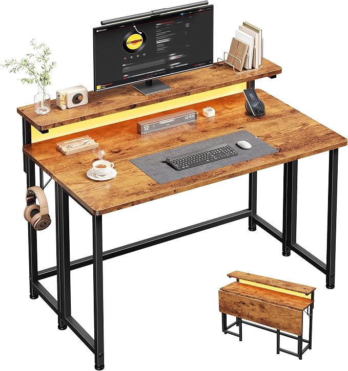 DurayLoly Computer Desk with RGB Light for Small Space, 39.4" Small Folding Desk for Space Saving Sofa Table for Couch, Home Office Desk with Monitor Stand, Easy to Fold with Hooks, Brown