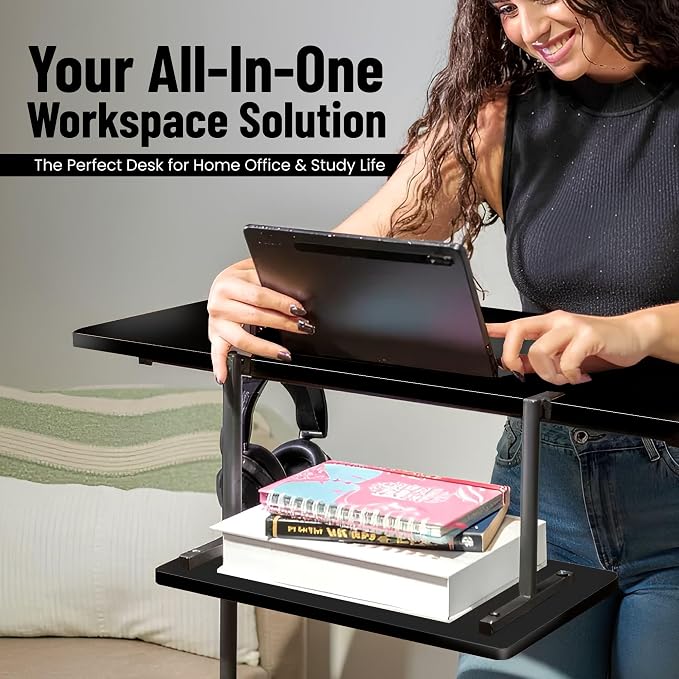 Small Rolling Desk with Wheels, Adjustable Height 27"-43.3" Portable Standing Desk, 31.5"x15.7" Tabletop, Mobile Laptop Computer Table for Home Office Workstation, Black