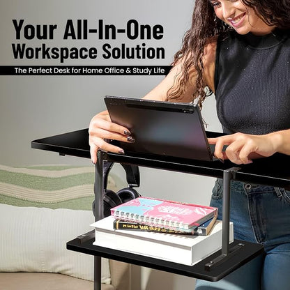 Small Rolling Desk with Wheels, Adjustable Height 27"-43.3" Portable Standing Desk, 31.5"x15.7" Tabletop, Mobile Laptop Computer Table for Home Office Workstation, Black