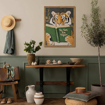 Framed Tiger Canvas Wall Art, Motivational Tigers Reading Poster Print, Humorous Bookworm Pictures Wall Decor, Vintage Go Get Em Tiger Painting for Office Library Bedroom Decor 12x16 inch
