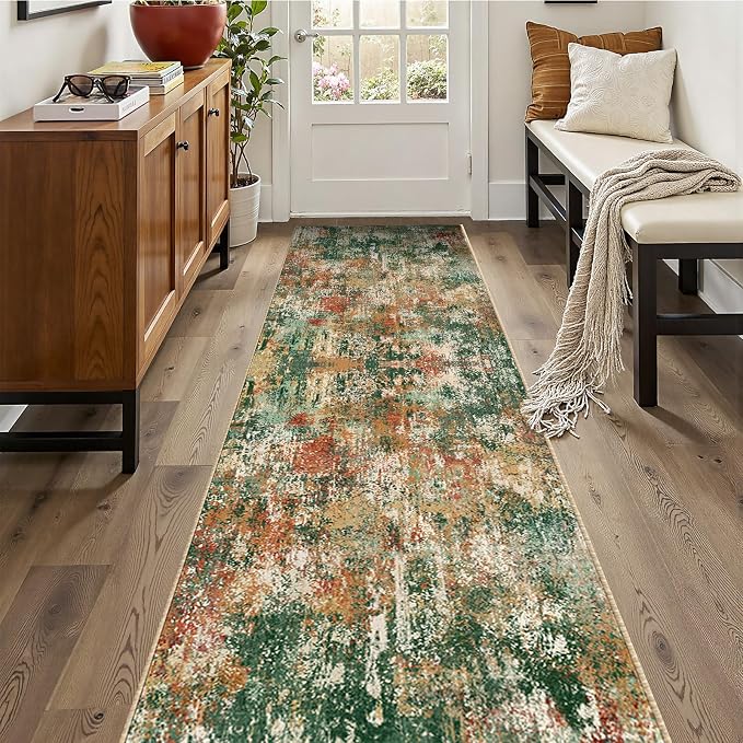 RELEANY Washable Area Rugs 2'x10' Non-Slip Modern Abstract Soft for Living Room Entryway Bedroom Kitchen, Print Pattern, Green Orange Rust Red Cream Colorful