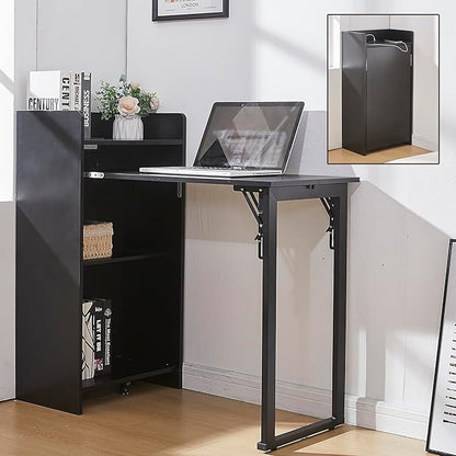 Foldable Desk,Hidden Desk with Storage and Built-in Socket,Mid Century Fold Out Table for Small Spaces,Home Office and Bedroom (Black)