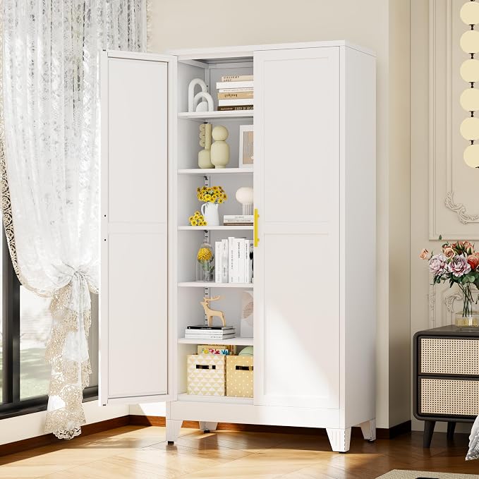 White Metal Storage Cabinet,75" Steel Cabinets for Home Office, Kitchen Pantry Storage Cabinet with Doors and 5 Adjustable Shelves, Tool Cabinets, for Office, Home, Garage, School, 36" W