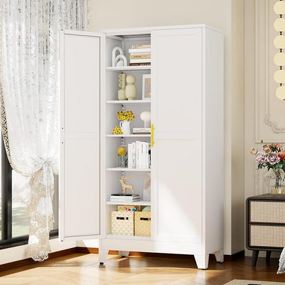 White Metal Storage Cabinet,75" Steel Cabinets for Home Office, Kitchen Pantry Storage Cabinet with Doors and 5 Adjustable Shelves, Tool Cabinets, for Office, Home, Garage, School, 36" W