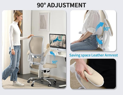 TRALT Ergonomic Office Chair - Desk Chair with Wave High Back Adjustable Lumbar Support Computer Chair - Gaming Chairs Mesh Backrest and PU Leather Seat for Home Reading Chairs to Adults(Beige)