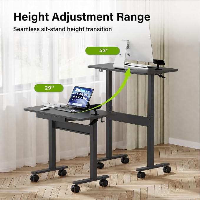 Standing Desk for Walking Pad with Wheels, Pneumatic Cordless Height Adjustable Rolling Desk, Mobile Computer Workstation with Drawer Hook Locking Casters for Treadmill & Home Office, Black