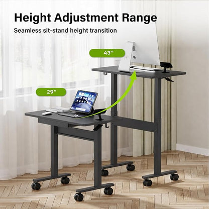 Standing Desk for Walking Pad with Wheels, Pneumatic Cordless Height Adjustable Rolling Desk, Mobile Computer Workstation with Drawer Hook Locking Casters for Treadmill & Home Office, Black