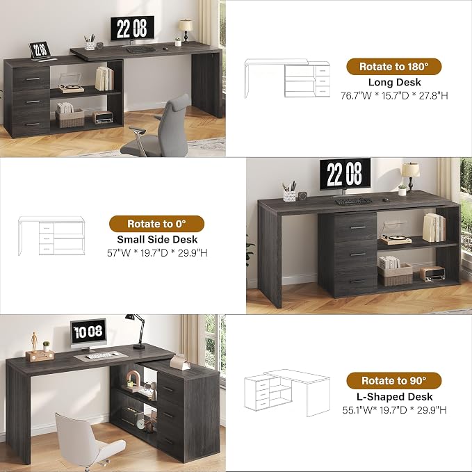 HSH L Shaped Office Desk with Drawers Shelves 55-76 Inch, Corner Computer Desk with Storage 360 Rotating Long for Work, Executive, Study, Writing, Teacher, Bedroom Modern Gaming Table, Dark Grey