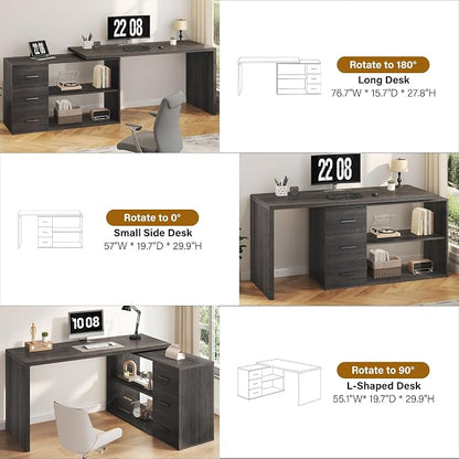 HSH L Shaped Office Desk with Drawers Shelves 55-76 Inch, Corner Computer Desk with Storage 360 Rotating Long for Work, Executive, Study, Writing, Teacher, Bedroom Modern Gaming Table, Dark Grey