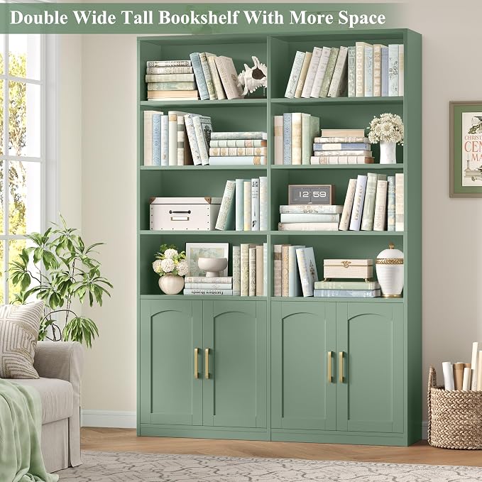 FACBOTALL Bookshelf and Bookcase with Doors, 6 Tier Double Wide Large Bookshelves, Open Display Shelves, 73'' Tall Bookshelf with Storage Cabinets for Home Office, Living Room, Library, Green
