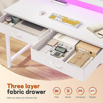 DurayLoly Computer Desk with 2 Drawers & LED Lights,39.4 Inch Home Office Desks with Side Pocket and Monitor Stand,Study Writing Table for Small Spaces,White