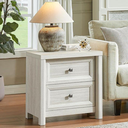 Standifurno White Night Stand with Drawers, Rustic Washed White Nightstand, Farmhouse Bed Side Table for Bedroom, Bedside End Table for Living Room, Bedroom Furniture, Large Storage Wood Nightstand