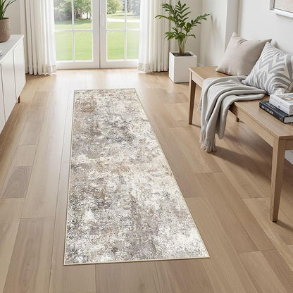 UERMEI 2x6 Washable Runner Rug for Hallway, Non Slip Low Pile Kitchen Carpet, Neutral Modern Abstract Indoor Floor Mat for Entryway Laundry, Kid & Pet Safe High Traffic Area, Brown Grey