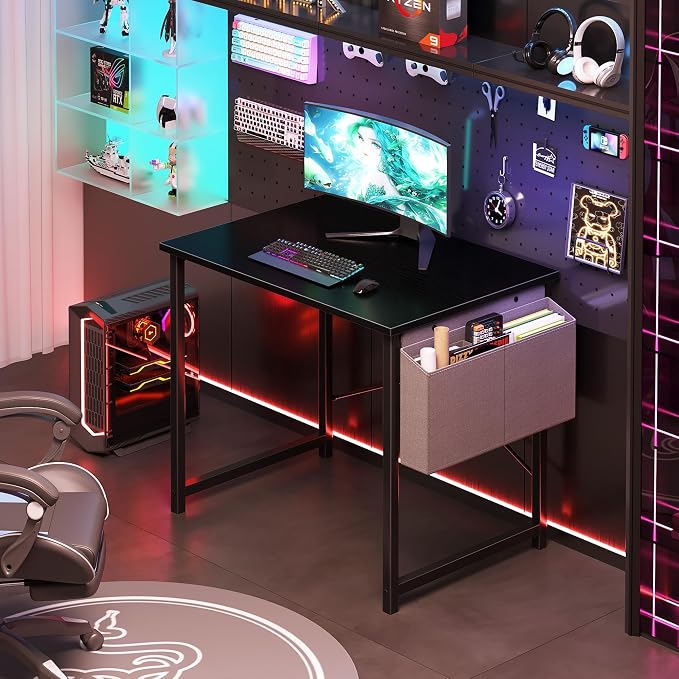 NEWBULIG Small Computer Desk for Bedroom 32 Inch Home Office Desks for Small Spaces Writing Gaming Work Study Table with Storage Bag Black