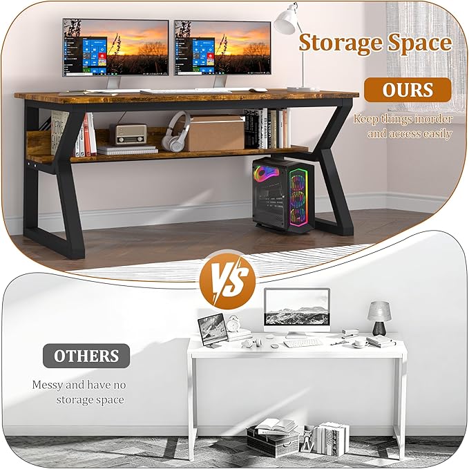47 inch Computer Desk with Storage Shelf, K-Shaped Office Desk with Sturdy Metal Frame, Writing Gaming Work Desk with Waterproof Surface for Home Office & Bedroom, Rustic Brown