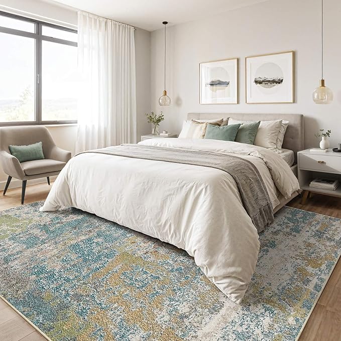 7x9 Area Rug Living Room: Washable Large Abstract Neutral Modern Soft Rugs Stain Resistant Indoor Floor Non-Slip Accent Carpet for Bedroom Nursery Playroom Office Dining Room Home Decor- Teal