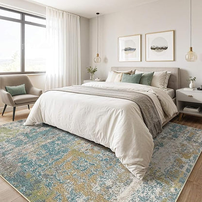 Area Rugs 9x12 Living Room: Washable Large Abstract Neutral Modern Soft Rugs Stain Resistant Indoor Floor Non-Slip Accent Carpet for Bedroom Nursery Playroom Office Dining Room Home Decor- Teal