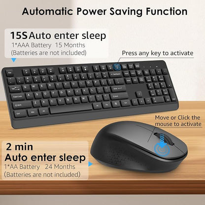 BKA BYA Wireless Keyboard and Mouse Combo,Full Size Quiet Bluetooth Keyboard and Mouse, 2.4GHz USB Receiver, Cordless Silent Keyboard and Mouse for PC, Windows, MAC, Laptop, Black