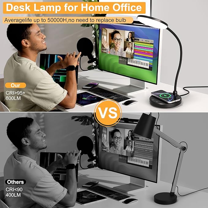 Desk Lamp for Home Office, Small Desk Lamp with Wireless Charger, Dimmable 3 Color Modes Study Lamp, Adjustable Neck 800LM Eye-Caring Desk Light, Bedside, College Dorm, Adapter Included