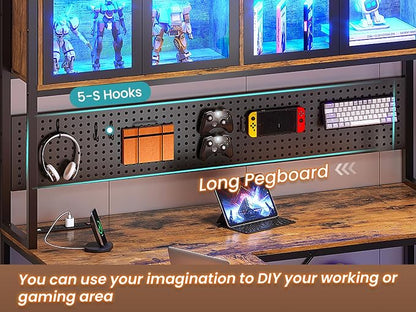 SEDETA L Shaped Gaming Desk with Drawers, L Shaped Computer Desk with Hutch and Storage Shelves, Gaming Desk with Pegboard, Led Lights, and Power Outlet, Home Office Desk, Corner Desk, Rustic Brown