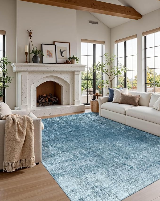 Latte&Fog 5x7 Area Rugs for Living Room Bedroom, Blue Modern Abstract Neutral Washable Rug, Boho Non Slip Low Pile Carpet for Dining Room, Dorm, Classroom, College Dorm, Farmhouse and Kids Room - Blue