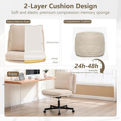 Fizzin Criss Cross Chair,Armless Cross Legged Chair with Wheels,Memory Foam Seat Office Desk Chair with Flipable Back Cushion,Mid Back Swivel Chair for Home Office,Bedroom Vanity (Beige)