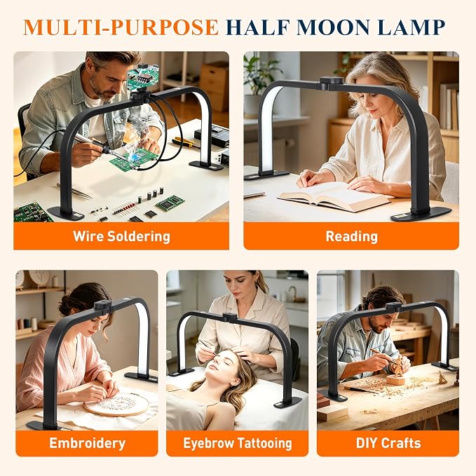 Half Moon Nail Light for Desk with Soldering Clips & Phone Holder, 30In Foldable LED Arch Tech Lamp for Fingernail Art Jewelery Craft Card DIY, 2700LM Multiple Brightness 3000-6000K