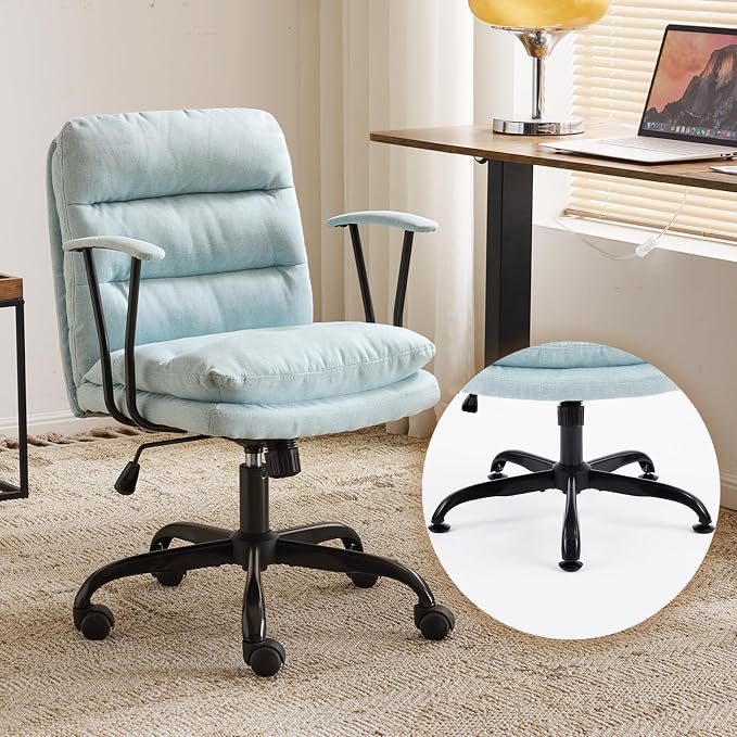VINGLI Comfortable Office Desk Chairs with/No Wheels,Dual-Base,Removable Armrests,Adjustable Comfy Rolling Swivel Computer Task Nail Chair for Office,Sewing,Makeup Vanity,Teen,Linen Fabric,Mint Green