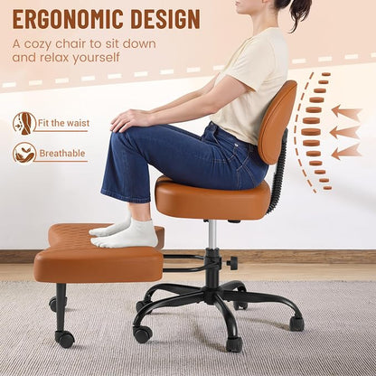 Homall Ergonomic Cross Legged Office Desk Chair with Wheels, 360° Swivel and Adjustable Height for Meditation and ADHD,Criss Cross Kneeling Chair with Lumbar Support (Leather, Brown)