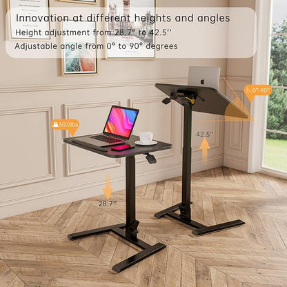 alawooder 25 Inch Mobile Folding Desk - No Assembly, Pneumatic Sit-Stand, 29-42" Height Adjustable Rolling Laptop Desk with Hidden Wheels, 0-90° Tilt Top for Home Office, Craft & Study