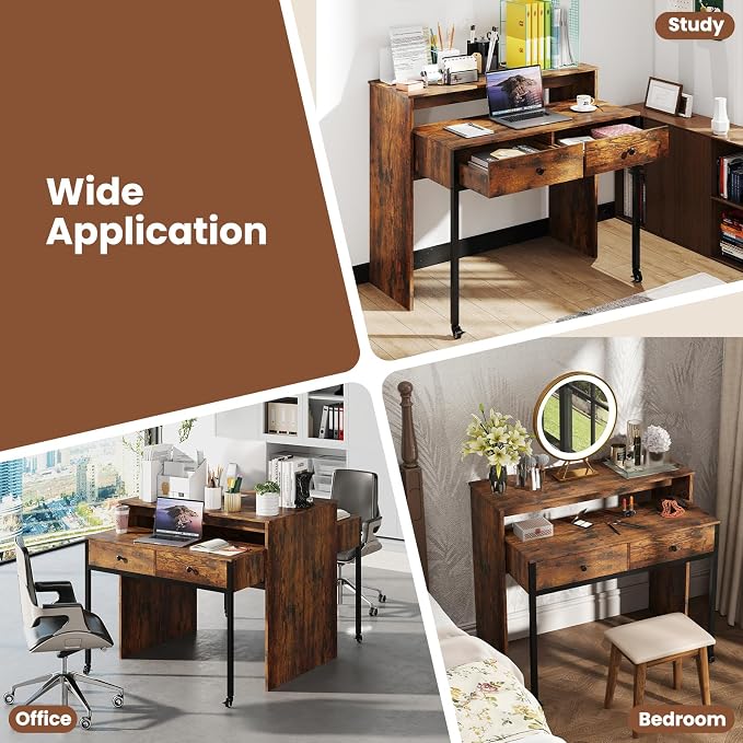 Giantex Small Computer Desk with Hutch & Drawers, Extendable Writing Desk w/Pull Out Secondary Table, Monitor Stand & Rolling Wheels, Console Table, Compact Desk for Small Spaces (Rustic Brown)