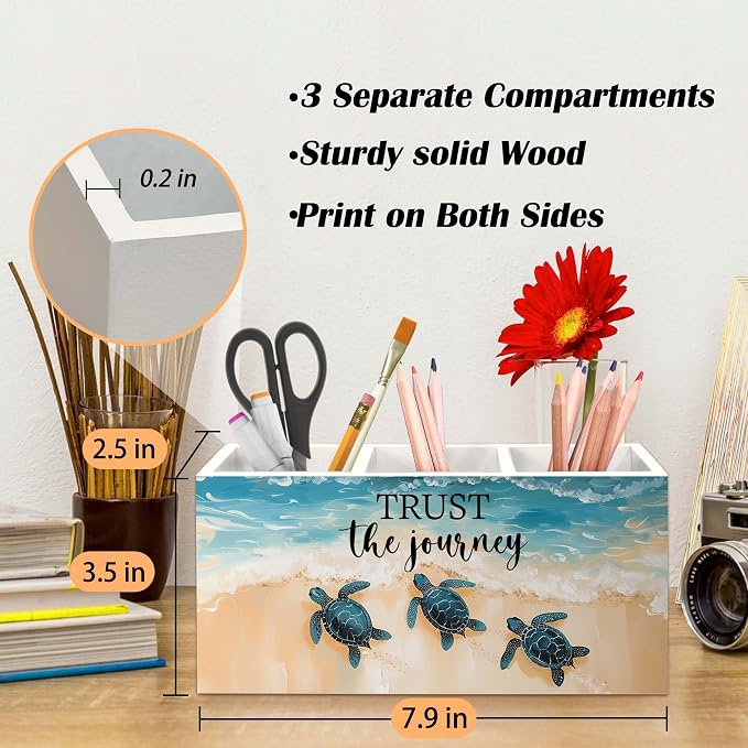 Coastal Beach Sea Turtle Pen Holder for Desk, Inspirational Sea Turtle Pencil Organizer, Trust the Journey Ocean Beach Wooden Pen Holder Desk Accessories Decor for Home Office