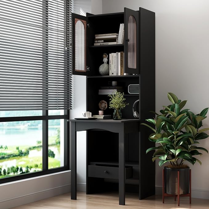 KEIKI Fold-Out Home Office Desks Writing Table with Glass Doors, Drawers, Bookshelf & Storage Shelves, Modern Wooden Convertible Workstation for Work, Study