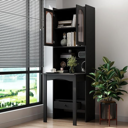 KEIKI Fold-Out Home Office Desks Writing Table with Glass Doors, Drawers, Bookshelf & Storage Shelves, Modern Wooden Convertible Workstation for Work, Study