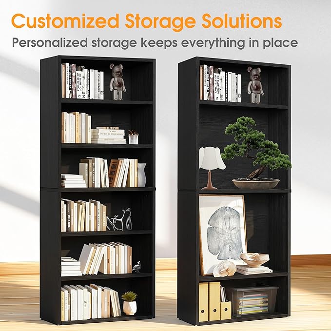 Sweetcrispy 6-Tier Bookcase, 63 Inch Tall Open Bookshelf, Freestanding Wood Book Case, Storage Shelves for Bedroom, Modern Display Bookshelf for Home Office Living Room，Black
