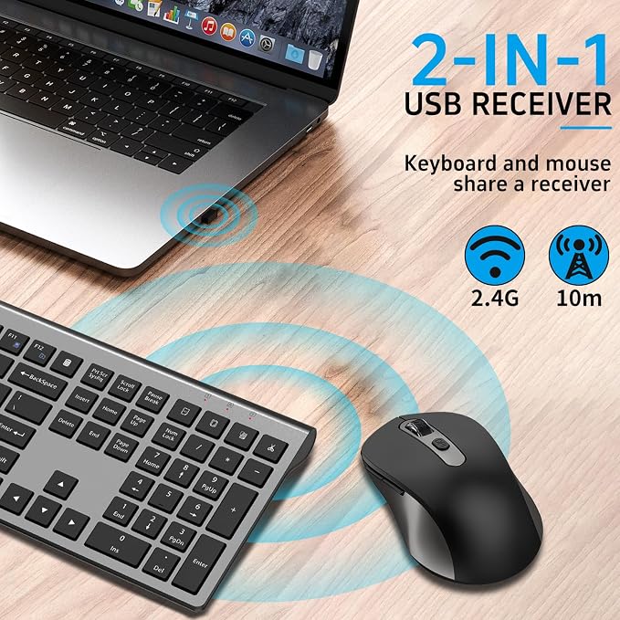 Wireless Mouse and Keyboard Combo, Full-Size Computer Keyboard with Calculator Button, 2400 Dpi Ergonomic Mouse, Ultra-Thin Cordless USB Keyboard and Mouse Set for Laptop Windows Mac - Grey