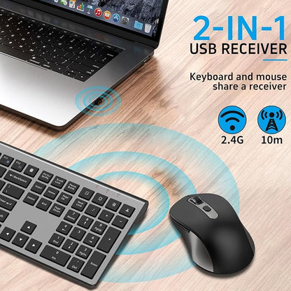 Wireless Mouse and Keyboard Combo, Full-Size Computer Keyboard with Calculator Button, 2400 Dpi Ergonomic Mouse, Ultra-Thin Cordless USB Keyboard and Mouse Set for Laptop Windows Mac - Grey