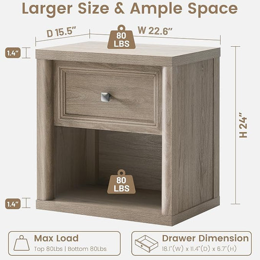 Standifurno Farmhouse Night Stand Set of 2, Grey Nightstands with Drawer Storage, Wood Large Side Tables End Table, 22.6" Wide Bedside Tables Night Stands for Bedroom Room Sofa Couch Office