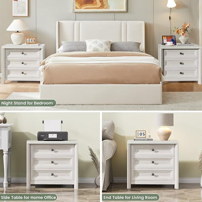 White Nightstand with 3 Drawers, Wood Night Stand with Metal Knobs, Farmhouse Bed Side Table for Bedroom, Modern End Table for Living Room Home Office Storage 1PC