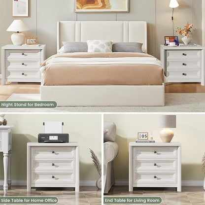 White Nightstand Set of 2, Farmhouse Night Stand with 3 Drawers, Modern Bedside Table with Metal Knobs, Large End Table for Living Room Bedroom Home Office Furniture Storage